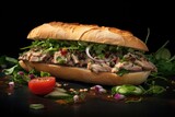 A sandwich with meat and vegetables is displayed on a table. Perfect for food-related projects and restaurant menus