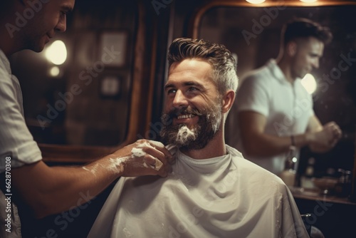 A picture capturing the act of a man shaving another man's beard in a barber shop. This image can be used to showcase barber services and the art of grooming.