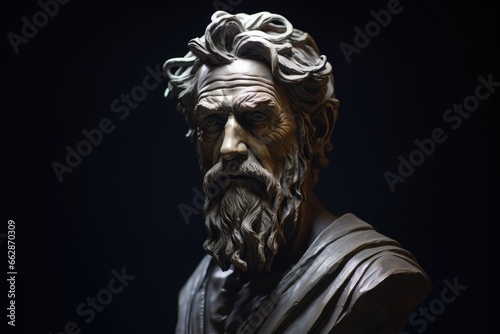 A statue of a man with a beard. This picture can be used to represent wisdom, strength, or historical figures.