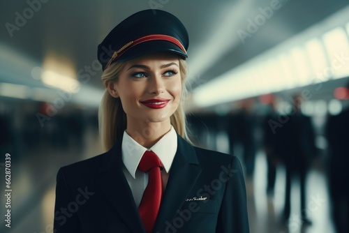 A woman is pictured wearing a uniform and a red tie. This image can be used to represent professionalism, corporate attire, or a formal work environment © Fotograf