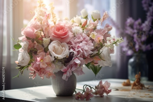 A vase filled with pink and white flowers. This image can be used to add a touch of elegance and beauty to any design project