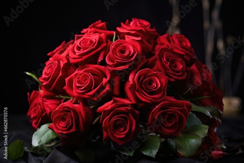 A beautiful bouquet of red roses sitting on a table. Perfect for romantic occasions or as a centerpiece for events