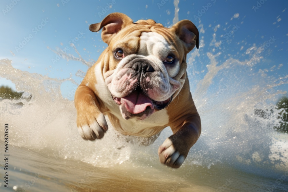 A brown and white dog skillfully rides a wave on top of a surfboard. This image can be used to depict a fun and adventurous summer activity