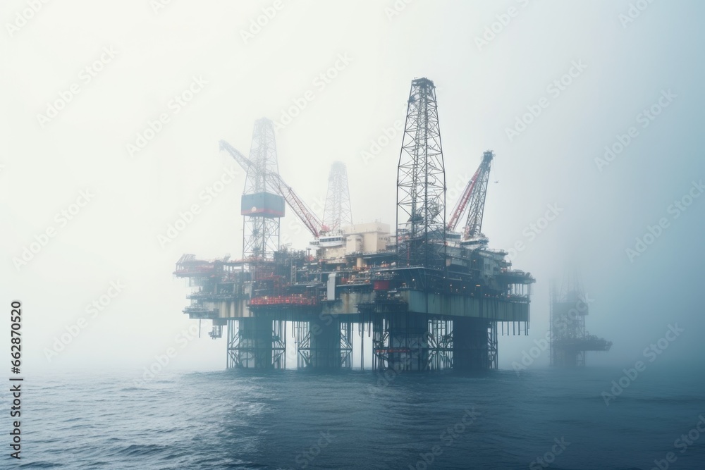 An oil rig situated in the middle of the ocean. This image can be used to depict offshore drilling and the oil industry
