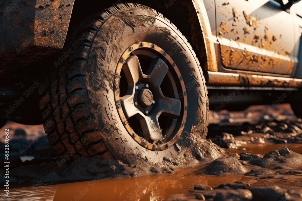 A detailed view of a truck tire on a muddy road. This image can be used to depict transportation, off-road driving, or difficult conditions.