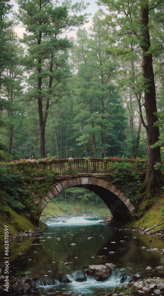 Stone bridge over a river in the forest. Generative AI Stone bridge over a river in the forest. Generative AI