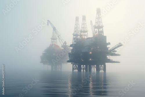An oil rig stands tall in the middle of the ocean on a foggy day. This image can be used to depict offshore drilling, energy production, or the industrial sector © Fotograf