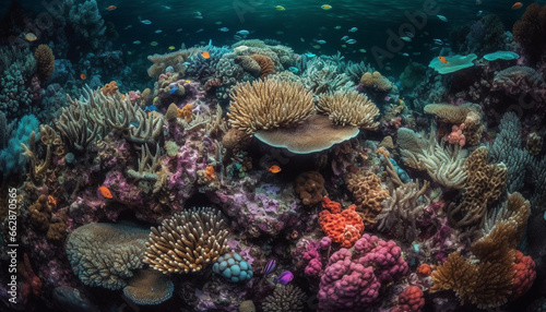 Colorful aquatic animal colony thrives in vibrant reef landscape below generated by AI