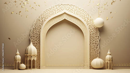 Islamic banner, mockup with golden gate, crescent moon and arabic lanterns. Vector illustration style.