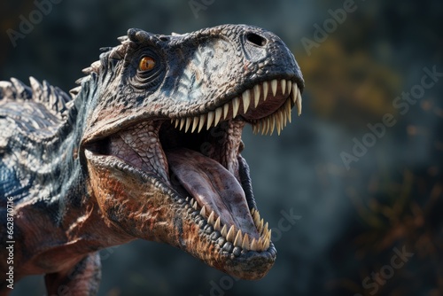 A detailed close-up view of a dinosaur with its mouth wide open. This image can be used to depict prehistoric creatures or to add excitement and drama to educational materials or presentations © Fotograf
