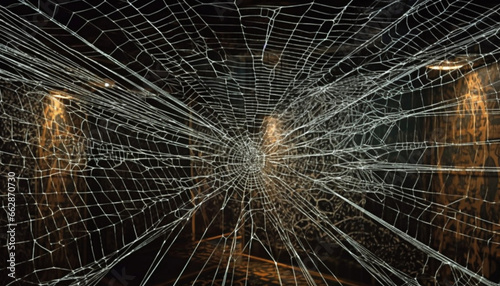 Glowing spider web spins spooky pattern in dark night outdoors generated by AI