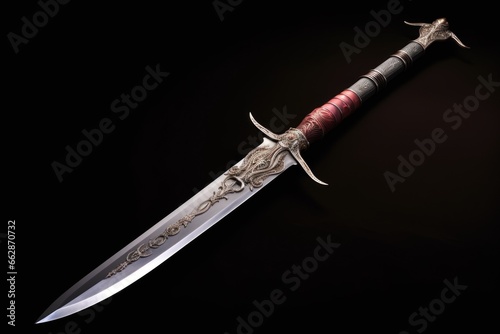 A picture of a sword with a red handle on a black background. This image can be used to depict power, strength, or as a symbol of a medieval or fantasy theme