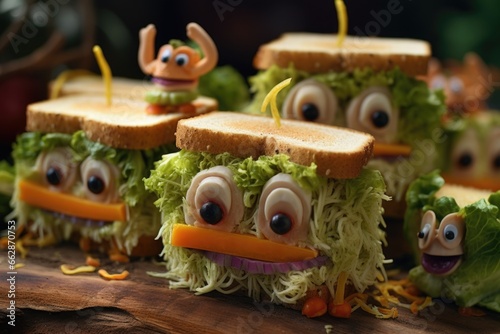 A close-up view of a sandwich with fun and playful faces on it. This image can be used to add a touch of creativity and humor to food-related projects or to depict a whimsical mealtime scene