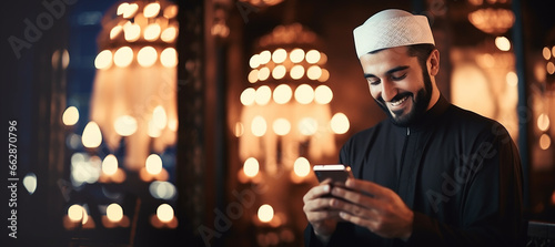 Arab Muslim man in abaya, sits in a coffee shop and works with a smartphone. AI generated. photo