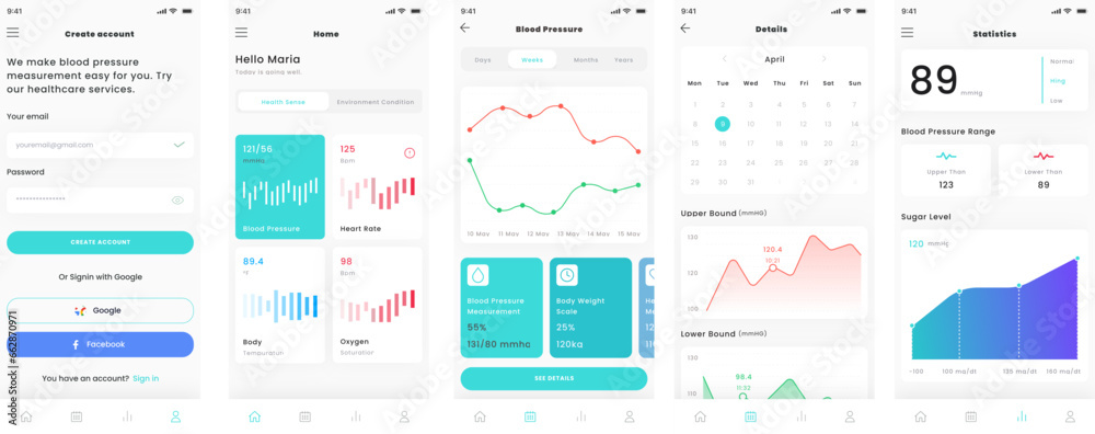 Blood Pressure Measurement and Healthcare Check and Test Mobile App UI Kit Template - obrazy, fototapety, plakaty 