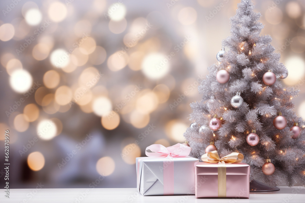 New Year's card with gifts and a Christmas tree decorated with delicate pink balls bokeh background