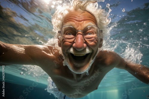 silver-haired man with a snowy beard, submerged underwater