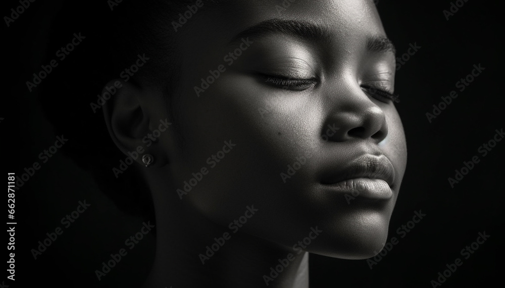 Serene young adult beauty in monochrome, eyes closed in sadness generated by AI