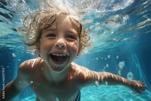 young child swimming underwater in a pool, surrounded by playful air bubbles © Anna