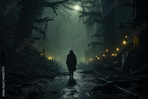 Dark forest with spooky man walking on a path. Generative Ai.