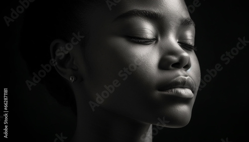 Serene young adult beauty in monochrome  eyes closed in sadness generated by AI