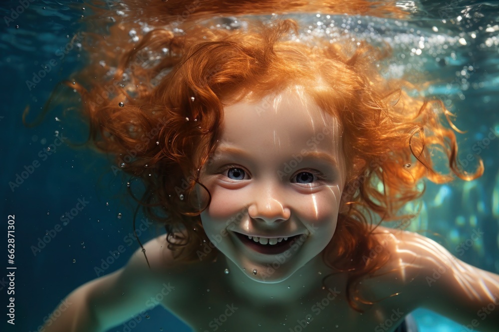  red-haired child swimming underwater in the pool