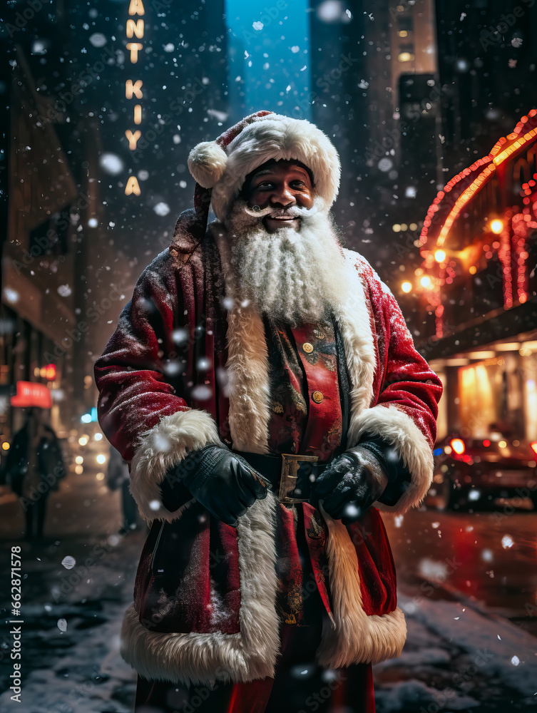 Portrait of Afro american black santa claus in a snowy night in the city at christmas holidays