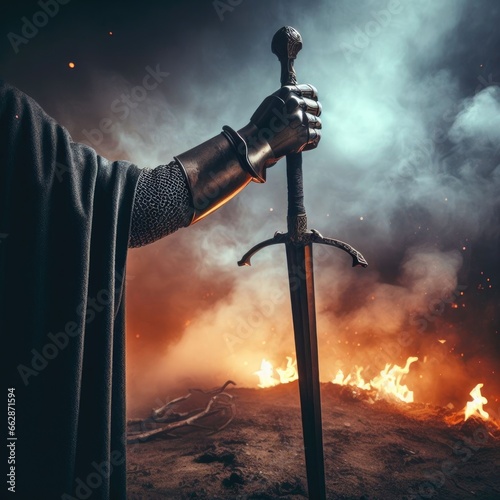 The Word-Made-Steel: Christian Swordbearer. A medieval Templar holding the sword of the spirit. fantasy medieval Gothic.  photo