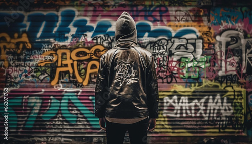 Hooded hooligan walks city streets, leaving graffiti on buildings generated by AI