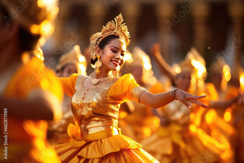 Traditional female dancer in golden attire, performing with background flames. Cultural dances and traditions.