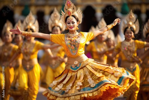 Woman make traditional dance performance in ornate gold and yellow attire. Cultural heritage and traditions.