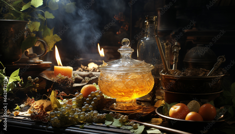 Obraz premium Candle flame flickers on table, autumn dark celebration, pumpkin still life generated by AI