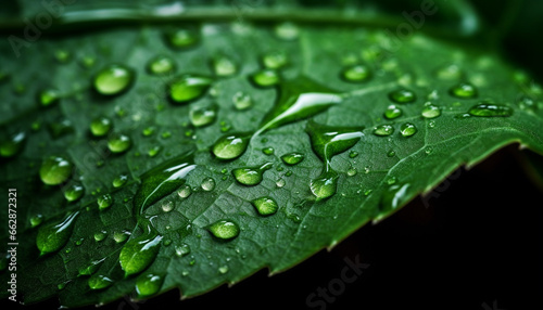 Vibrant green leaf with dew drop, reflecting beauty in nature generated by AI
