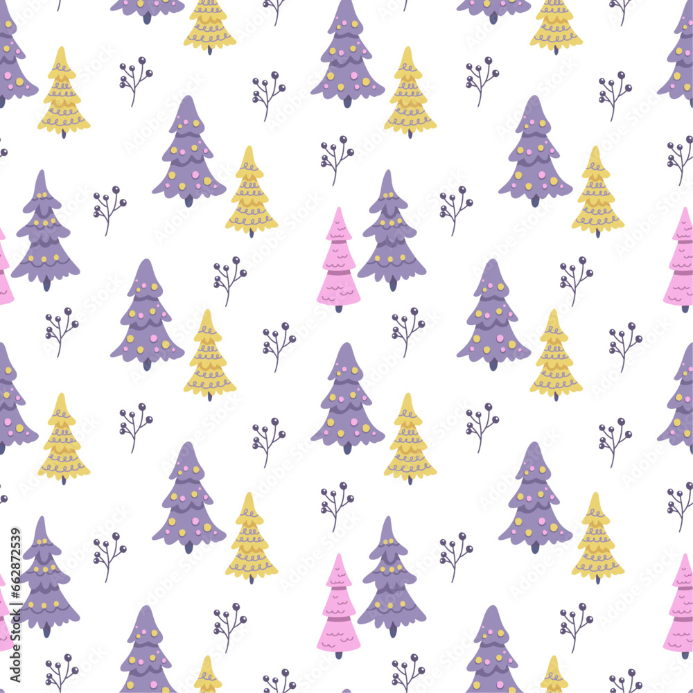 Winter vector pattern design with Christmas trees, decorations, twigs. Hand drawn winter holidays background.