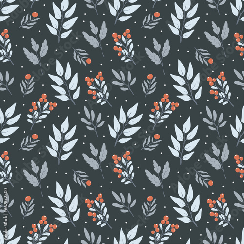 Vector seamless floral pattern with leaves and red berries on dark background. Winter wrapping paper design.