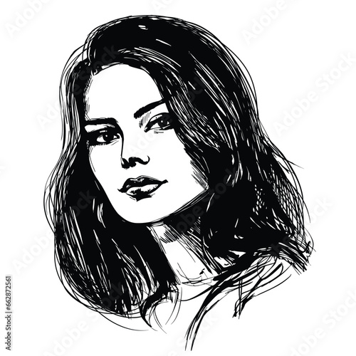 Vector portrait of a fashionable young beautiful girl with tousled hair. Black and white female portrait