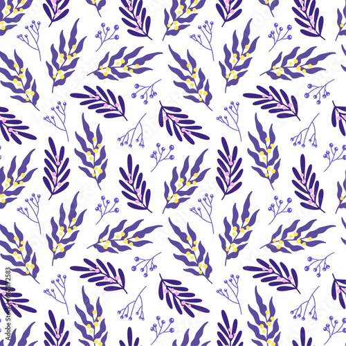 Vector seamless pattern with purple floral elements, leaves and berries on white background with berries. Hand drawn winter wrapping paper design.