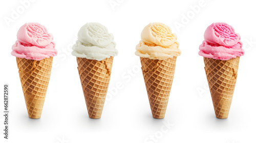 Ice cream scoops in waffle cones isolated on white background.