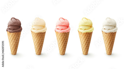 Ice cream cone collection isolated on white background with clipping path and full depth of field