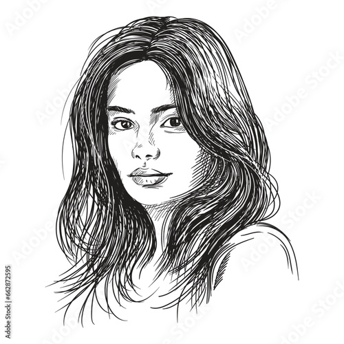 Vector portrait of a fashionable young beautiful girl with tousled hair. Black and white female portrait