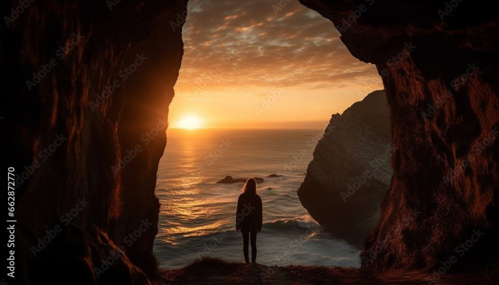 Silhouette of one person standing on cliff at sunset generated by AI