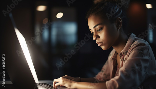 Young woman working late, using laptop, surfing the net generated by AI