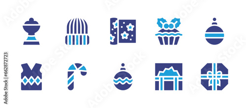 Christmas icon set. Duotone color. Vector illustration. Containing myrrh, winter hat, wrapping paper, cake, christmas ball, sweater, candy cane, coffer, gift.