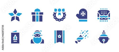 Christmas icon set. Duotone color. Vector illustration. Containing wreath, gift, star, christmas, santa claus, christmas card, jingle bell, mittens, confetti.