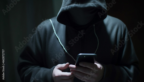 Unrecognizable thief holding smart phone in dark, texting for burglary generated by AI