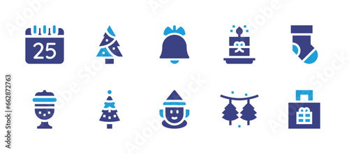Christmas icon set. Duotone color. Vector illustration. Containing christmas bell, tree, christmas day, dwarf, christmas, myrrh, candle, christmas sock, decoration, gift.