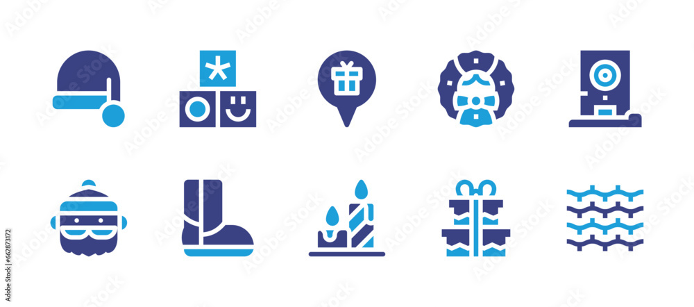 Christmas icon set. Duotone color. Vector illustration. Containing santa claus, toys, boot, christmas wreath, door, gift box, lights, placeholder, candle.