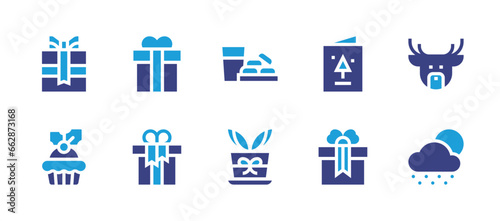 Christmas icon set. Duotone color. Vector illustration. Containing present, christmas present, christmas card, milk, plant pot, deer, gift, snowing.