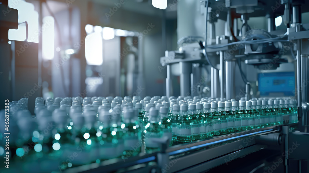 Glass bottles filled with clear liquid move seamlessly along an automatic conveyor line Glass bottles filled with clear liquid move seamlessly along an automatic conveyor line