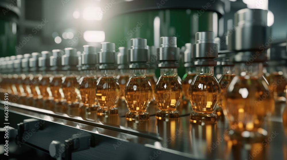 Glass bottles filled with clear liquid move seamlessly along an automatic conveyor line Glass bottles filled with clear liquid move seamlessly along an automatic conveyor line